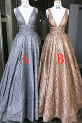 Amazing Unique V-neck Long Semi Formal Prom Dresses Gorgeous Modest Floor Length Party Dresses